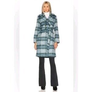 MinkPink Sloan Plaid Coat Womens SM Blue Long Line Belted Elegant Classic